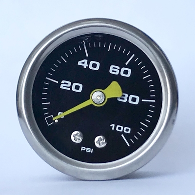1.5 اینچ 100 psi مانومتر شماره گیری مشکی 1/8 اینچ پایه محوری NPT مشکی فولادی مایع پر فشار سنج