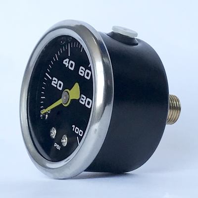 1.5 اینچ 100 psi مانومتر شماره گیری مشکی 1/8 اینچ پایه محوری NPT مشکی فولادی مایع پر فشار سنج